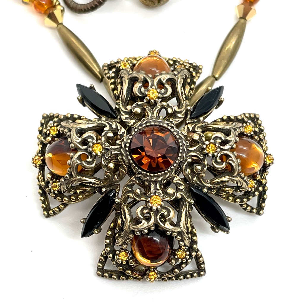 Vintage Selini Brooch And Amber Beaded Necklace